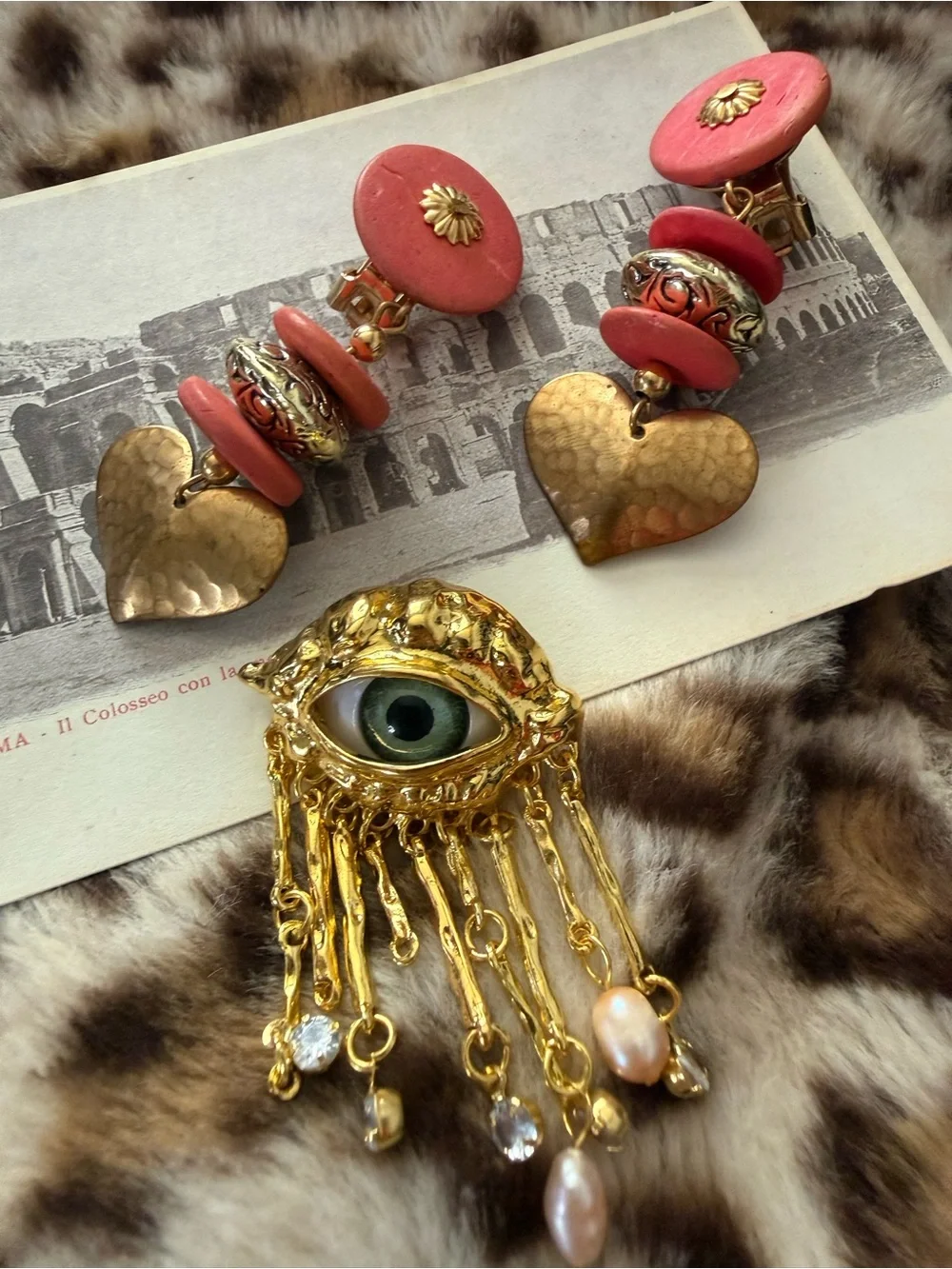 Gold Eye Fringe Brooch and Coral Heart Drop Earrings Set